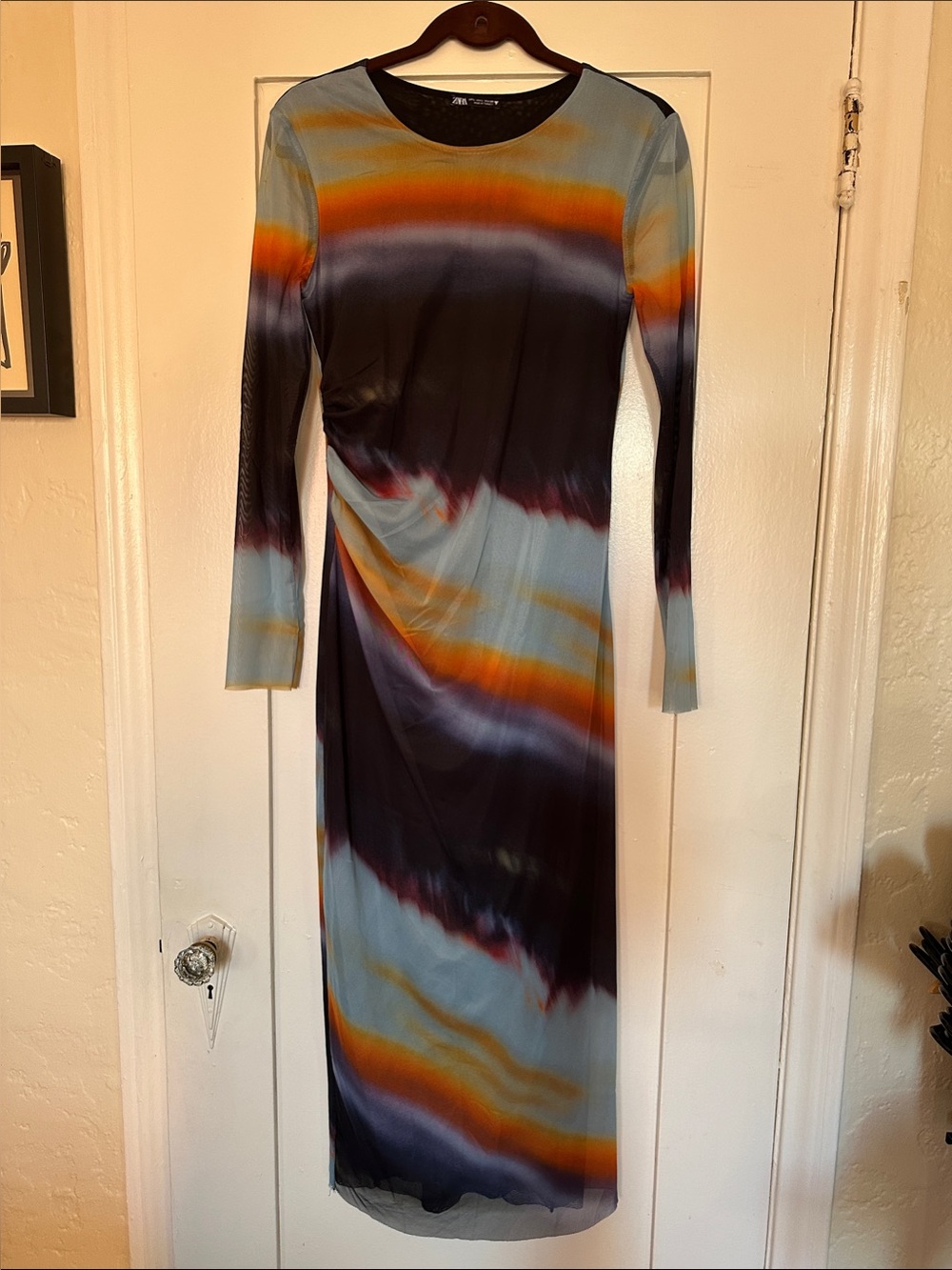 Zara Long-Sleeve Tie-Dye Maxi Mesh Dress in Blue & Orange Size Large